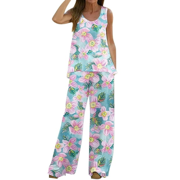 Baqcunre Wide Leg Pants For Women Women 2 Piece Outfits Boho Printed Vest Sleeveless Top Loose Wide Leg Pants Trousers Two Piece Set Suit Workout Sets For Women Womens Pants Pink XXL