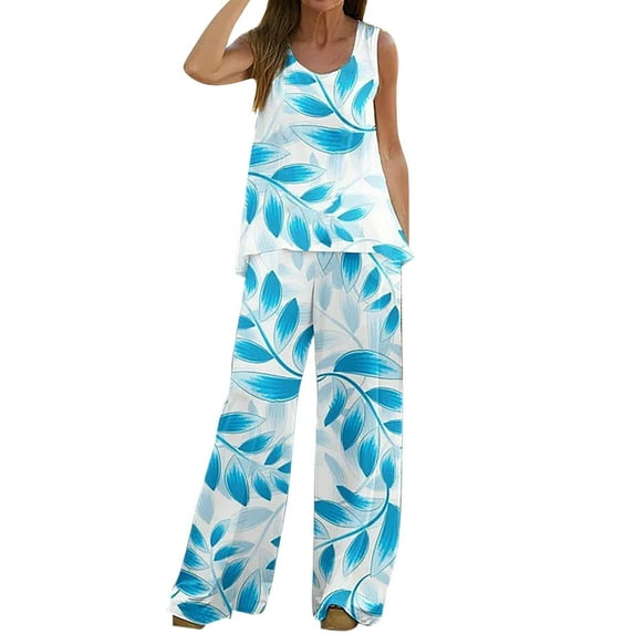 Baqcunre Wide Leg Pants For Women Women 2 Piece Outfits Boho Printed Vest Sleeveless Top Loose Wide Leg Pants Trousers Two Piece Set Suit Workout Sets For Women Womens Pants Sky Blue 3XL