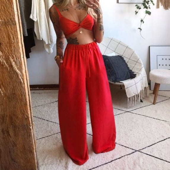 Baqcunre Wide Leg Pants For Women Casual Sleeveless Tops+Long 2 Piece Camis Women Pants Set Women Suits & Sets Lounge Sets For Women Women'S Pants Red S