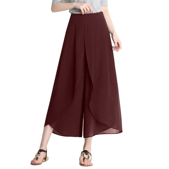 Baqcunre Wide Leg Pants For Women Woman Summertime Loose Thin Wide Leg Pants Slim Ninth Chiffon High Waisted Pants Sweatpants Womens Pants Red L