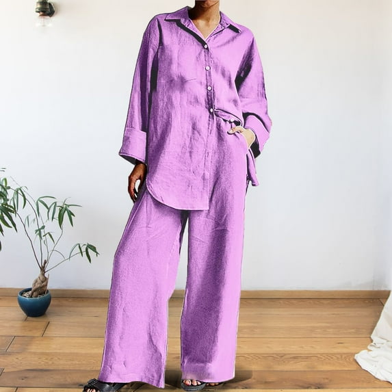 Baqcunre Wide Leg Pants For Women Women'S Fashion Cropped Sleeve Shirt Loose Pants Two Piece Set Workout Sets For Women Pants For Women Purple 3XL