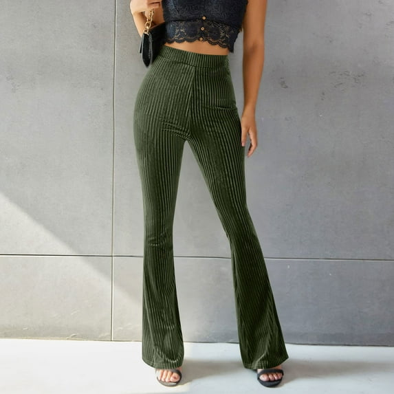 Baqcunre Wide Leg Pants For Women Womens Casual High Waist Ribbed Flare Long Pants Comfy Elastic Slim Leg Trousers Flare Pants Pants For Women Army Green L