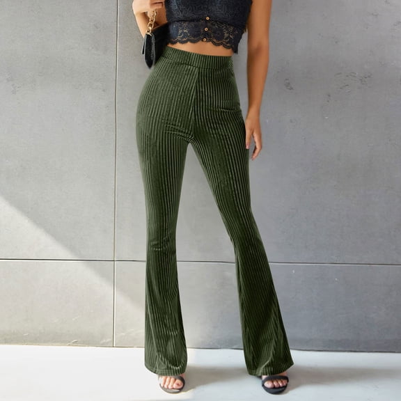 Baqcunre Wide Leg Pants For Women Womens Casual High Waist Ribbed Flare Long Pants Comfy Elastic Slim Leg Trousers Flare Pants Pants For Women Army Green L