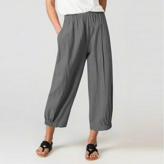 Baqcunre Wide Leg Pants Woman Cropped Pants Solid Color Loose Fitting Harem Pants High Waist Cotton Linen Wide Leg Cropped Pants Womens Fashion Women's Pants Pants for Women Womens Clothes Grey 3XL