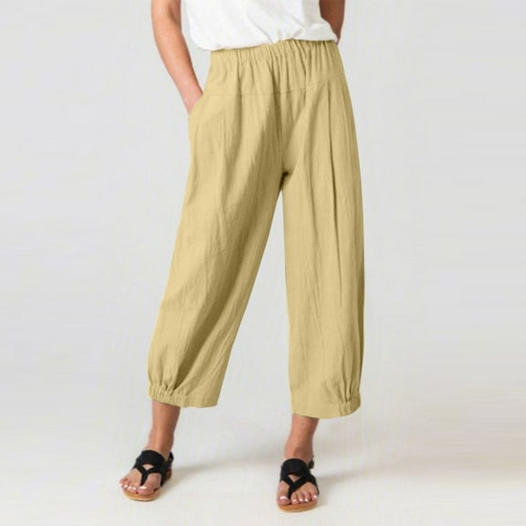 Baqcunre Wide Leg Pants Woman Cropped Pants Solid Color Loose Fitting Harem Pants High Waist Cotton Linen Wide Leg Cropped Pants Womens Fashion Women's Pants Pants for Women Womens Clothes Khaki S