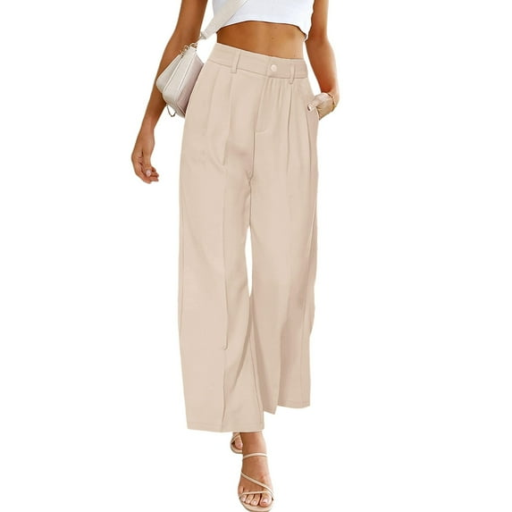 Baqcunre Wide Leg Pants Woman Fashion Women's Solid Casual Pocket Button High Waist Wide Leg Pants Womens Fashion Women's Pants Pants for Women Womens Clothes Beige L
