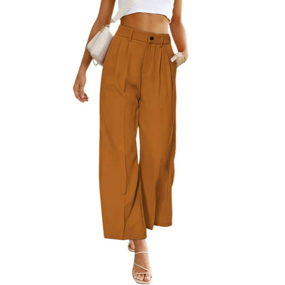Baqcunre Wide Leg Pants Woman Fashion Women's Solid Casual Pocket Button High Waist Wide Leg Pants Womens Fashion Women's Pants Pants for Women Womens Clothes Brown M