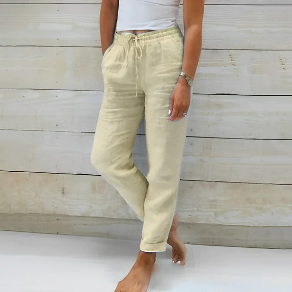 Baqcunre Wide Leg Pants Woman Ladies Summer Elastic High Waist Solid Color Cotton Linen Wide Leg Loose Pants Womens Fashion Women's Pants Pants for Women Womens Clothes Khaki XL