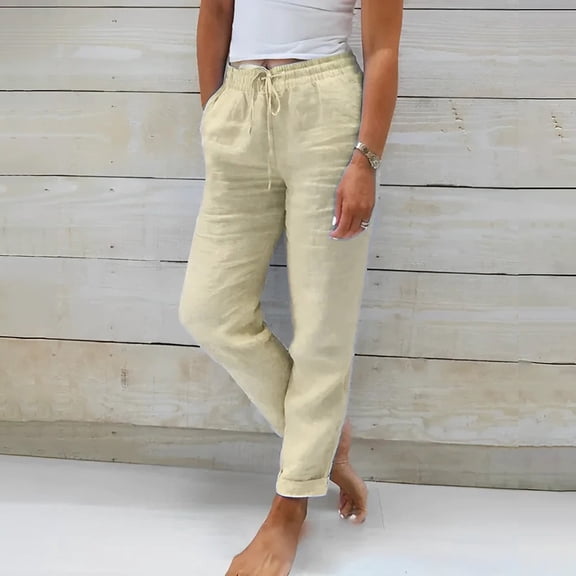 Baqcunre Wide Leg Pants Woman Ladies Summer Elastic High Waist Solid Color Cotton Linen Wide Leg Loose Pants Womens Fashion Women's Pants Pants for Women Womens Clothes Khaki S