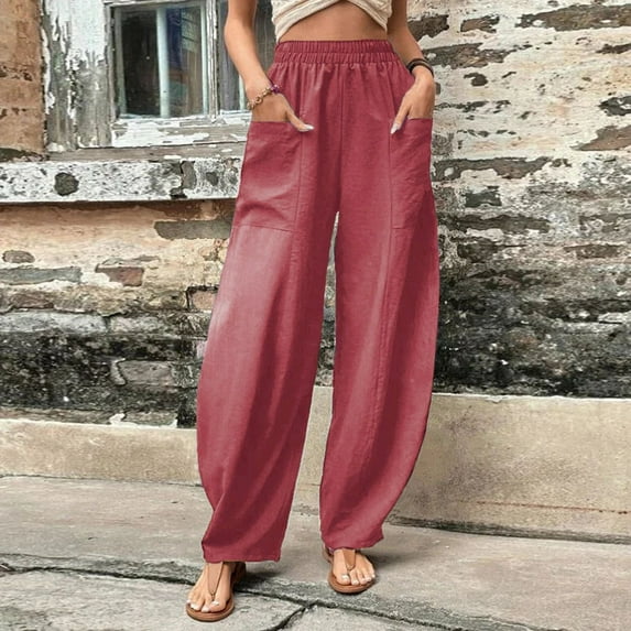 Baqcunre Wide Leg Pants Woman Solid Color Casual Pants Trousers Elastic Waist Pockets Wide Leg Trousers Womens Fashion Women's Pants Pants for Women Womens Clothes Watermelon red 5XL
