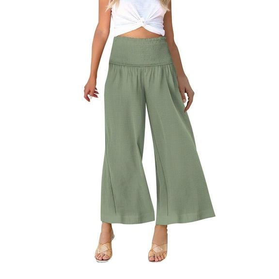 Baqcunre Wide Leg Pants Woman,Women's Wide Leg Casual Pocket Gathered High Waist Trousers,Women'S Pants,Pants For Women,Womens Fashion,Womens Clothes,Green,S