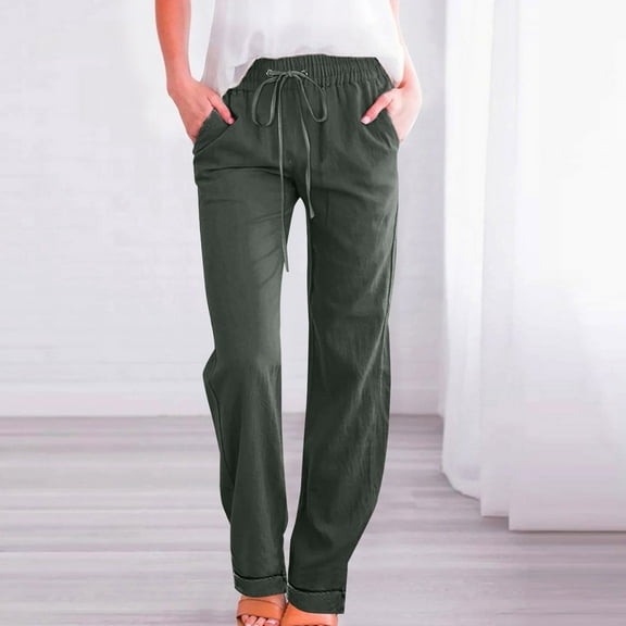 Baqcunre Wide Leg Pants Woman,Women's Curling Solid Color Cotton Linen Loose Casual Drawstring Wide Leg Trousers,Women'S Pants,Pants For Women,Womens Fashion,Womens Clothes,Army Green,L