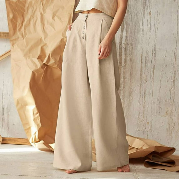 Baqcunre Wide Leg Pants Woman,Women's Solid Color High Waist Casual Button Cotton Linen Wide Leg Casual Trousers,Women'S Pants,Pants For Women,Womens Fashion,Womens Clothes,Khaki,M