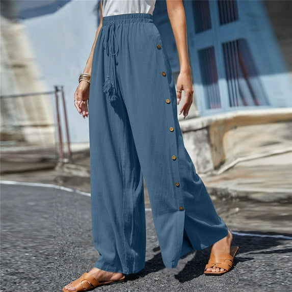 Baqcunre Wide Leg Pants Woman,Women's Wide Leg Linen Elastic High Waist Tie Side Split Pants,Women'S Pants,Pants For Women,Womens Fashion,Womens Clothes,Blue,L