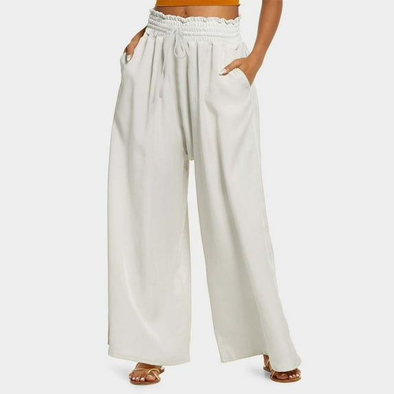 Baqcunre Wide Leg Pants Woman,Womens Loose High Waisted Pants Drawstring Elastic Waist Straight Leg Trousers,Women'S Pants,Pants For Women,Womens Fashion,Womens Clothes,White,XL