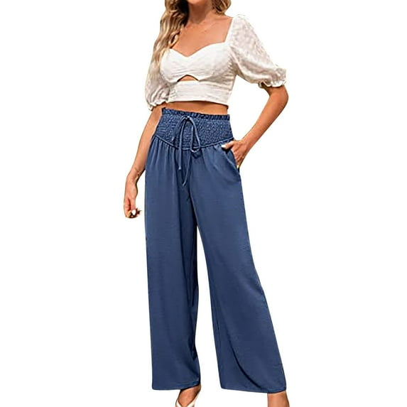 Baqcunre Wide Leg Pants For Women Wide Leg Pants For Women High Waisted Business Pants Work Pants Loose Flowy Summer Beach Pants With Pockets Sweatpants Womens Pants Navy S
