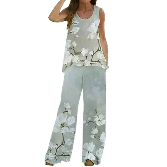 Baqcunre Wide Leg Pants For Women Women 2 Piece Outfits Boho Printed Vest Sleeveless Top Loose Wide Leg Pants Trousers Two Piece Set Suit Workout Sets For Women Womens Pants Brown L