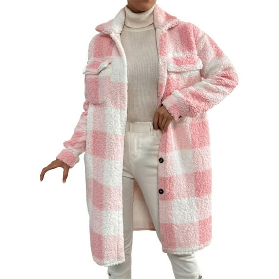 Baqcunre Winter Coats For Women Women'S Autumn Or Winter Button Down Lapel Plush Plaid Coat Loose Long Coat Button Down Shirts For Women Fall Outfits For Women 2023 Pink M