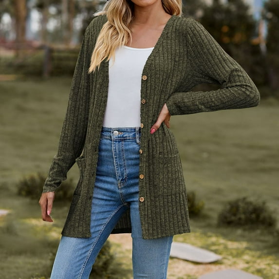Baqcunre Winter Coats For Women Women'S Brushed Solid Color Long Sleeved Women'S Cardigan Jacket Cardigan Sweaters For Women Fall Outfits For Women 2023 Army Green L