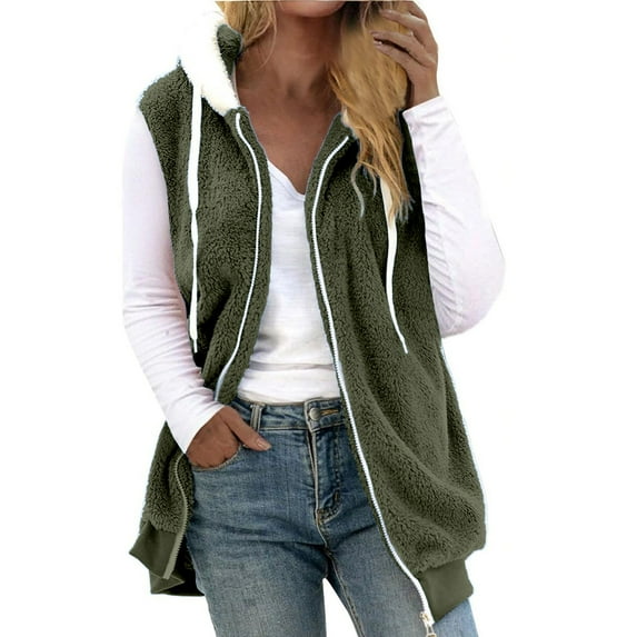 Baqcunre Winter Coats For Women Women'S Solid Color Fashion Casual Zipper Pocket Drawstring Plush Sleeveless Coat Jackets For Women Womens Fall Fashion 2023 Army Green 5XL
