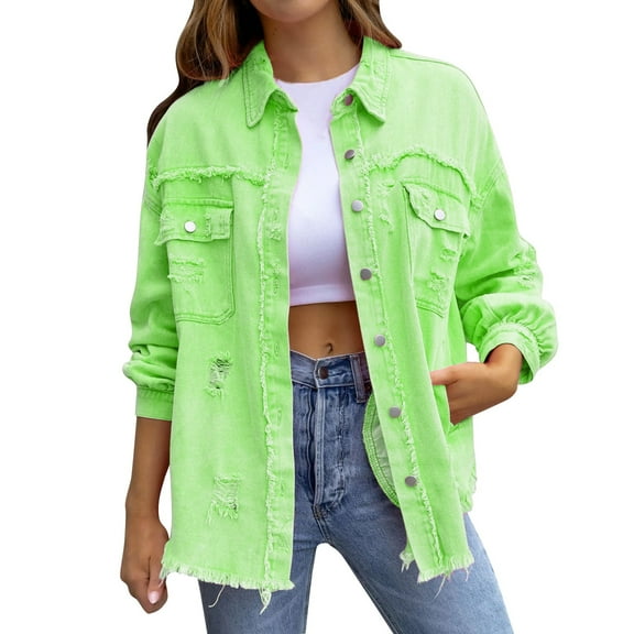 Baqcunre Winter Coats For Women Women'S Trendy Ripped Oversized Denim Jacket Casual Long Boyfriend Distressed Denim Jacket Womens Tops Jackets For Women Green XL