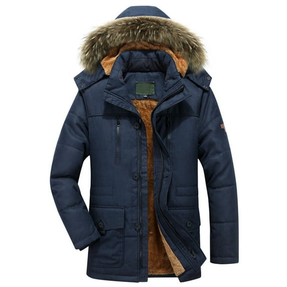 Baqcunre Winter Coats for Men Zip Up Solid Color Long Sleeved Jacket with A Hat and Plush Collar Cotton Jacket Fleece Jacket Men Jackets for Men,Color Dark Blue,Size L-4XL