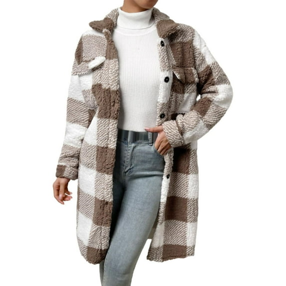 Baqcunre Winter Coats For Women Women'S Autumn Or Winter Button Down Lapel Plush Plaid Coat Loose Long Coat Button Down Shirts For Women Fall Outfits For Women 2023 Beige L