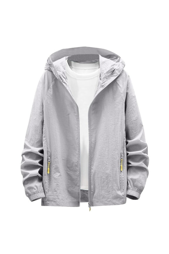 Winter Jackets For Men Male Spring And Summer Sunscreen Ice Silk Thin Long Sleeved Zipper Hooded Solid Color Jacket Blazer For Men Tops For Men Grey 3XL