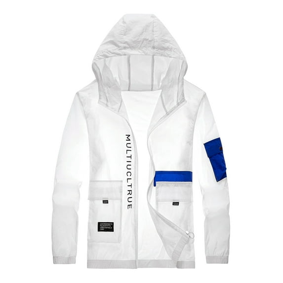 Baqcunre Winter Jackets For Men Male Thin Long Sleeve Zipper Coat Beauty Hood Lapel Multi Pockets Jacket Blazer For Men Tops For Men White L