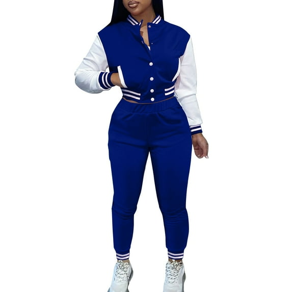 Baqcunre Women Autumn Baseball Suit Two Piece Set Solid Coat Long Pants Tracksuits Outfits,Size S-XXL,Fall Outfits Women Trendy,Outfits for Women,Two Piece Sets for Women,Womens Fashion,Blue