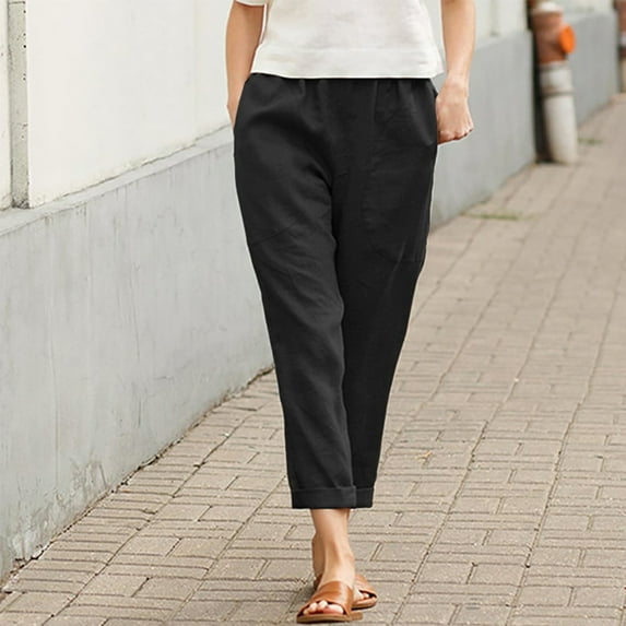 Baqcunre Women Cotton Pocket Cropped Straight Leg Crop Pants Ladies Casual Long Loose Pant Slacks,Size L,Womens Sweatpants,Pants for Women,Womens Fashion,Women's Pants,Women Clothing,Black