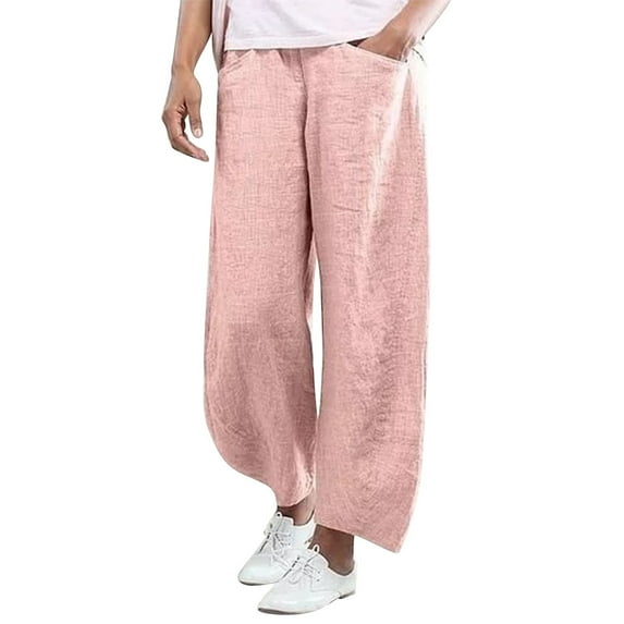 Baqcunre Women Fashion Solid Color Cotton Flax Elastic Long Pants Beach Leisure Trousers,Size XL,Womens Sweatpants,Pants for Women,Womens Fashion,Women's Pants,Women Clothing,Pink