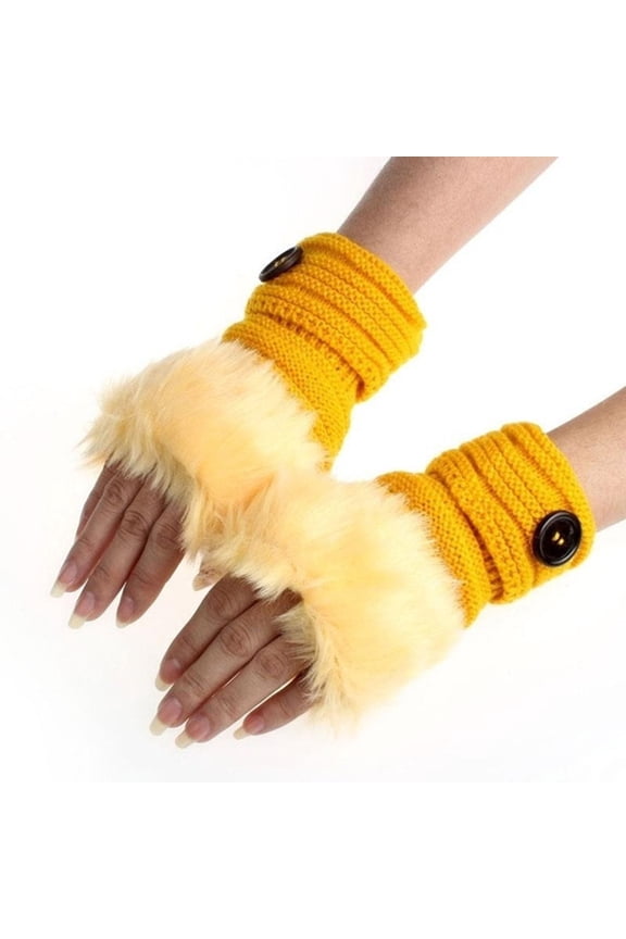 Women Girl Warm Winter Faux Rabbit Plush Wrist Fingerless Gloves Mittens,One Size,Winter Gloves,Mittens For Women,Gloves For Cold Weather,Fingerless Gloves For Women,Mens Fashion,Yellow
