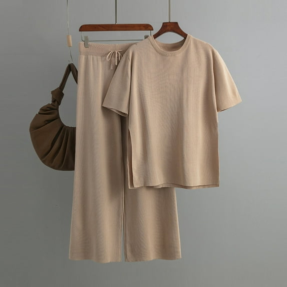 Baqcunre Women Loose Casual Short Sleeve Round Neck Top and Wide Leg Pants Knitted Suit,,Two Piece Sets for Women,Outfits for Women,Lounge Sets for Women,Women's Pants,,Khaki