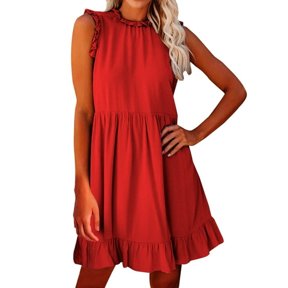 Baqcunre Women'S Casual Dresses Women'S Fashion Casual Solid Color Round Neck Ruffled Waist Dress Womens Dresses Midi Dress Red Dress XXL