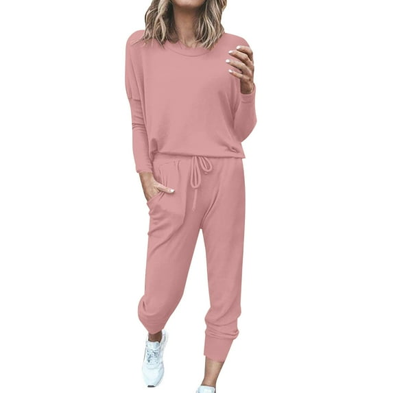 Baqcunre Women Solid Color Long Sleeve Bandage Loose Long Pants 2 Set Piece,Size S-3XL,Sweat Set for Women,Outfits for Women,Two Piece Sets for Women,Crew Neck Sweatshirts Women,Womens Clothes,Pink