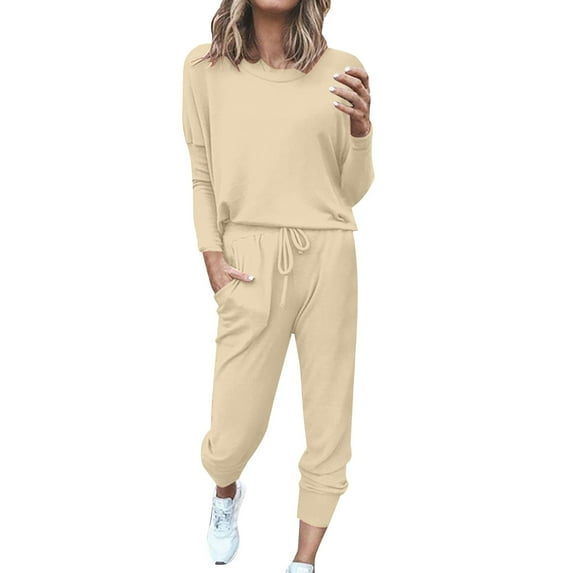 Baqcunre Women Solid Color Long Sleeve Bandage Loose Long Pants 2 Set Piece,Size S-3XL,Sweat Set for Women,Outfits for Women,Two Piece Sets for Women,Crew Neck Sweatshirts Women,Womens Clothes,Beige
