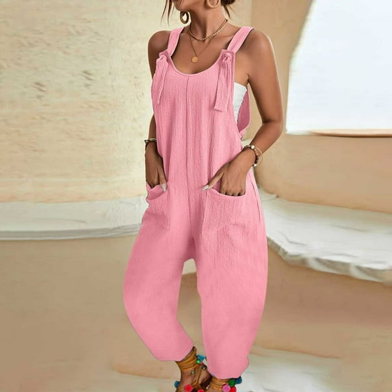 Baqcunre Women U Neck Sleeveless Jumpsuits Spaghetti Strap Baggy Harem Pants With Pocket,L,Jumpsuits For Women Casual,Womens Jumpsuit,One Piece Jumpsuit,Pants For Women,Womens Clothes,Pink