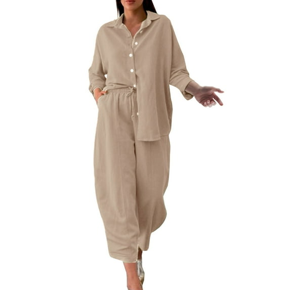 Baqcunre Women's 2-Piece Vintage Plus-Size Cotton and Linen Shirt and High-Waisted Pant Set,Color Beige,Size 3XL-5XL