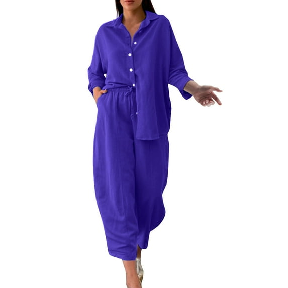 Baqcunre Women's 2-Piece Vintage Plus-Size Cotton and Linen Shirt and High-Waisted Pant Set,Color Blue,Size 3XL-5XL