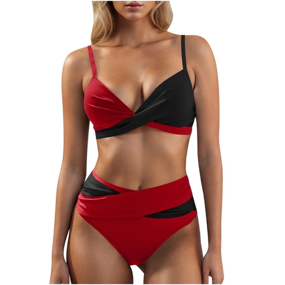 Baqcunre Women's Bikini Sets Two Piece Swimsuit High Waisted V Neck Twist Front Adjustable Spaghetti Straps Bathing Suit Red S