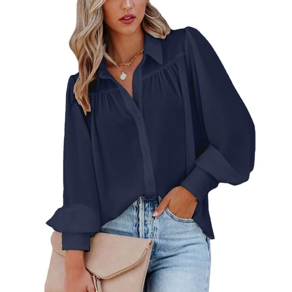 Baqcunre Women's Buckle Lantern Sleeve Pleated Solid Color Stand Collar Loose Shirt Womens Tops Womens Blouses Long Sleeve Shirts for Women Womens Shirts,Navy,M