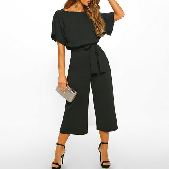 Baqcunre Women's Casual Crew Neck Solid Color Short-Sleeved Lace-Up Romper,Color Black,Size S-XL