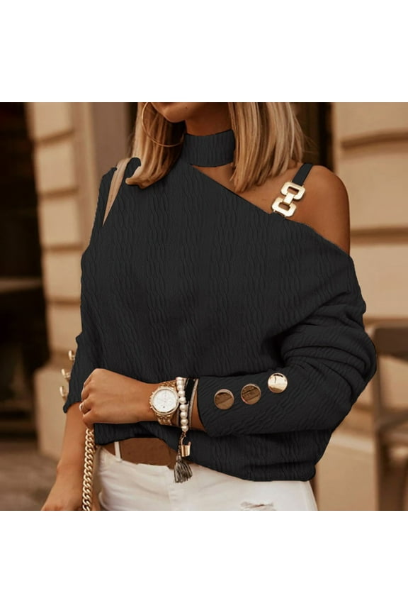 Women's Casual Long Sleeve Asymmetrical Cold Shoulder Chain Strap Top Long Sleeve Shirts for Women Blouses for Women Blouses & Button-Down Shirts Womens Tops,Black,Size M