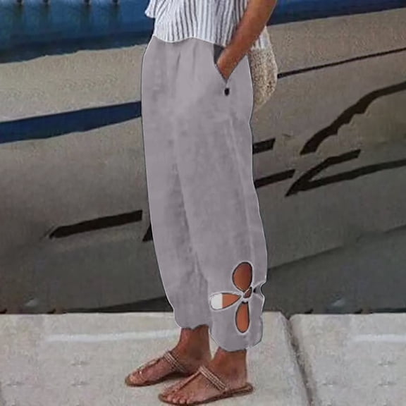 Baqcunre Women's Casual Solid Color Elastic Waist Hollow-Out Cotton and Linen Pants,Color Grey,Size S-XXL