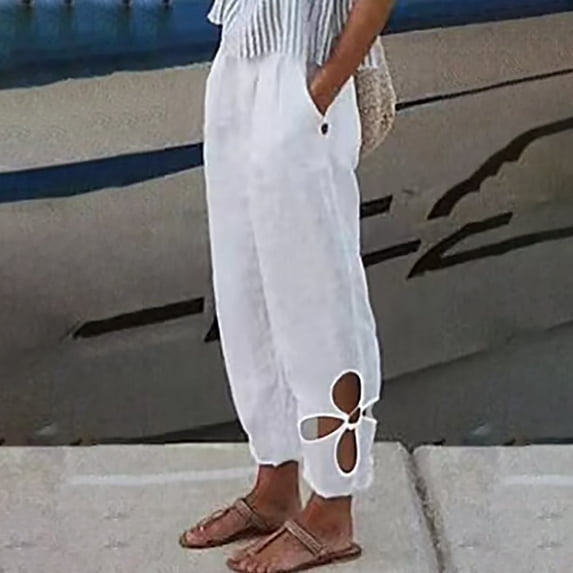 Baqcunre Women's Casual Solid Color Elastic Waist Hollow-Out Cotton and Linen Pants,Color White,Size S-XXL
