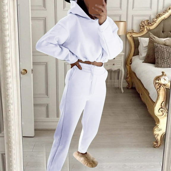 Baqcunre Women's Casual Solid Color Long Sleeved Hoodie Trousers Sweatershirt Sports Suit,Size S,Sweat Set for Women,Outfits for Women,Sweatshirt for Women,Womens Sweatpants,Women Clothing,White