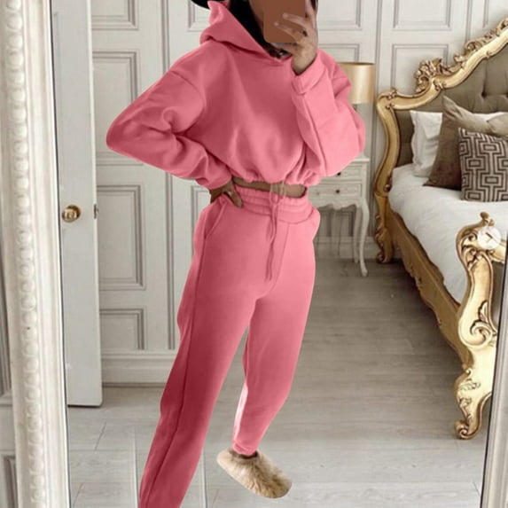 Baqcunre Women's Casual Solid Color Long Sleeved Hoodie Trousers Sweatershirt Sports Suit,Size XXL,Sweat Set for Women,Outfits for Women,Sweatshirt for Women,Womens Sweatpants,Women Clothing,Pink