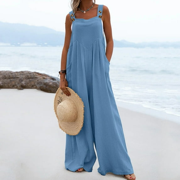 Baqcunre Women's Casual Solid Color Loose Suspender Button Overalls,Color Blue,Size S-XXL