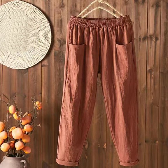 Baqcunre Women's Casual Solid Color Pockets Haren Pants with Small Legs,Color Coffee,Size M-3XL